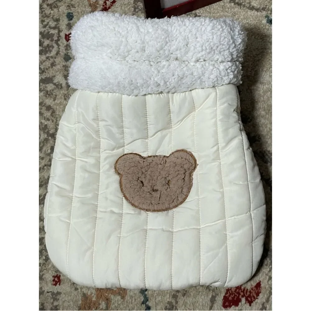 Kimpets Cream Quilted Sherpa-Trim Pet Neat with Bear Patch Kitty Sleeping Bag